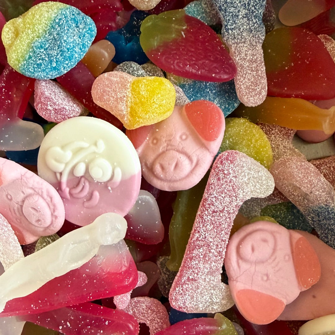Close-up of assorted vegan gummy shapes and sour sweet