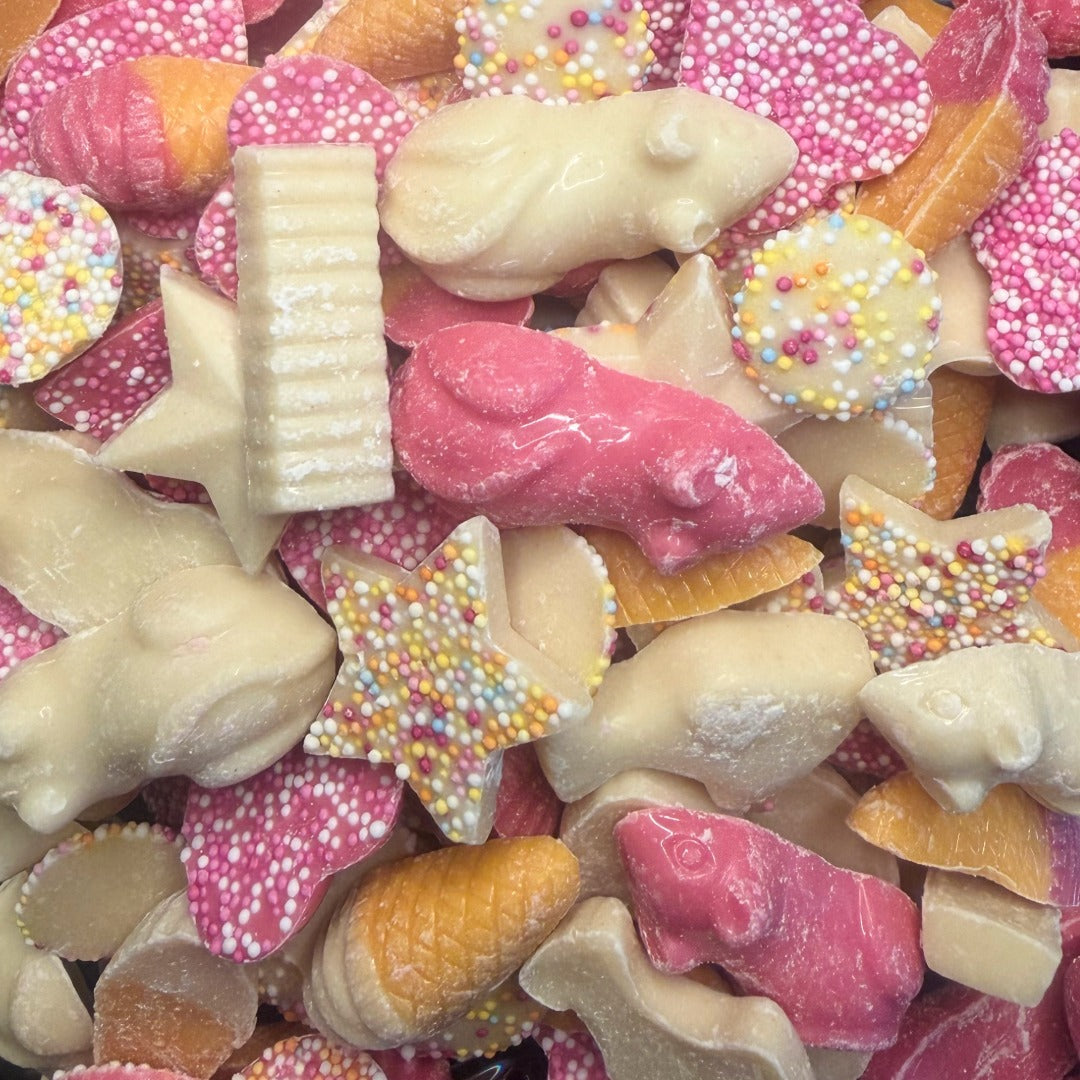 Hannah's Pink & White Chocolate Mix — pastel pink and white chocolates in a clear pouch