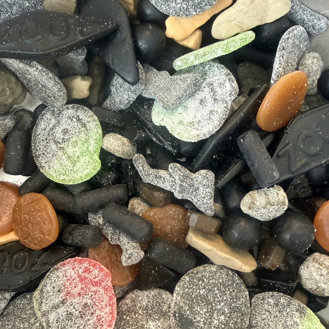 Nordic Hardcore Salmiak Mix — assorted dark salmiak and double-salt liquorice sweets in a resealable pouch, hand-mixed by Grandma's Sweet Cupboard