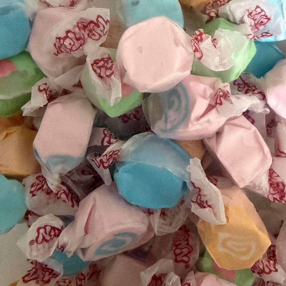Candy Shop Rainbow Taffy Mix – bright, colourful chewy sweets in bubblegum, watermelon, cotton candy and fruity flavours, hand-mixed by Grandma's Sweet Cupboard