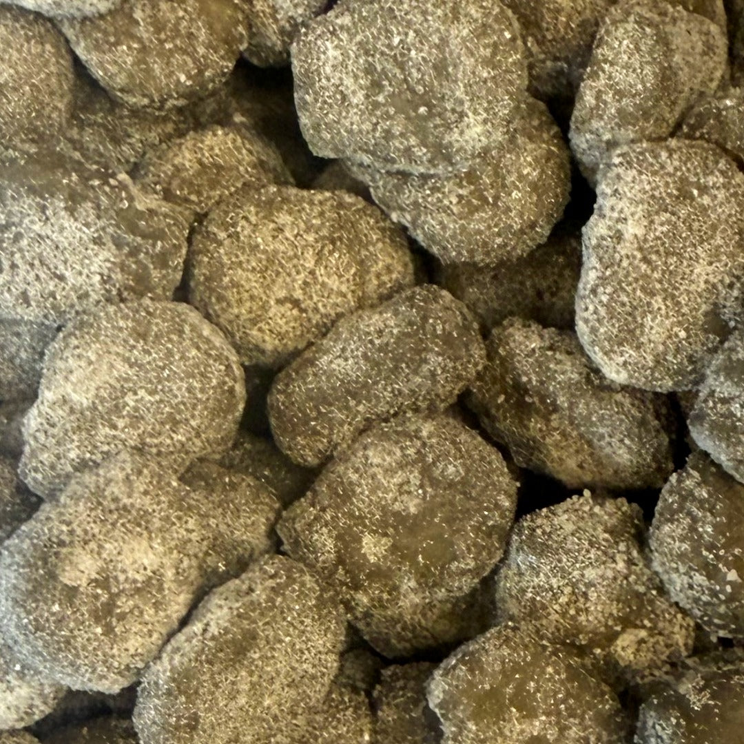 Close up of Nordic salty liquorice skulls