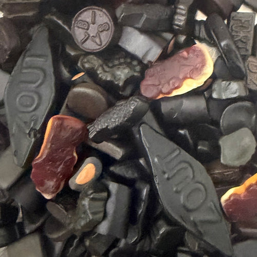 Close-up of ATL Dutch Salty Liquorice Mix — assorted zoute and dubbelzoute Dutch drop pieces