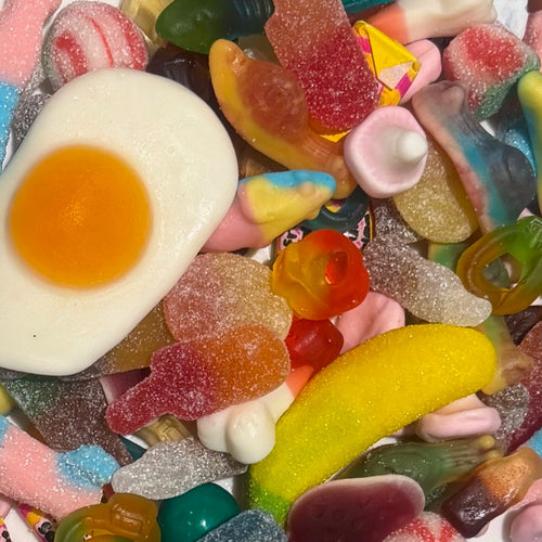 Close-up of colourful mixed sweets including jelly, fizzy and retro pieces freshly packed by Grandma's Sweet Cupboard