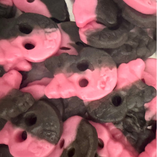 Vegan Raspberry & Liquorice Foam Skulls — Bubs Swedish foam sweets with raspberry and salty liquorice flavour, gelatine-free, from Grandma's Sweet Cupboard
