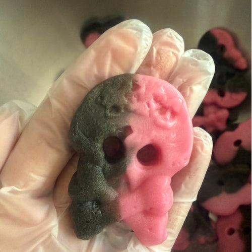 Vegan Raspberry & Liquorice Foam Skulls — Bubs Swedish foam sweets with raspberry and salty liquorice flavour, gelatine-free, from Grandma's Sweet Cupboard