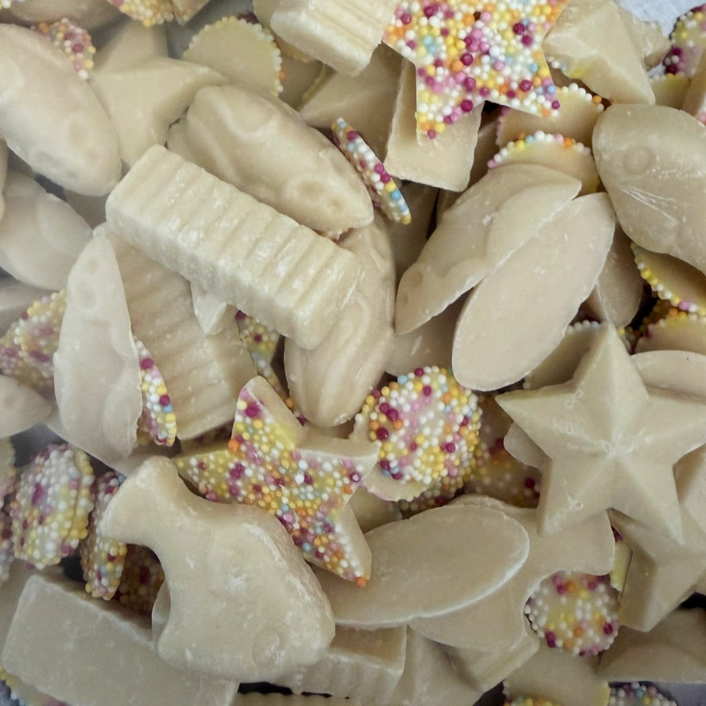 White chocolate retro sweet mix — Hannah's Fish & Chips, Mice, Jazzies and Snowie Stars
